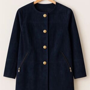 DANIER Navy Blue Suede Vintage Leather Jacket | Women’s S | Gold Ornate Buttons